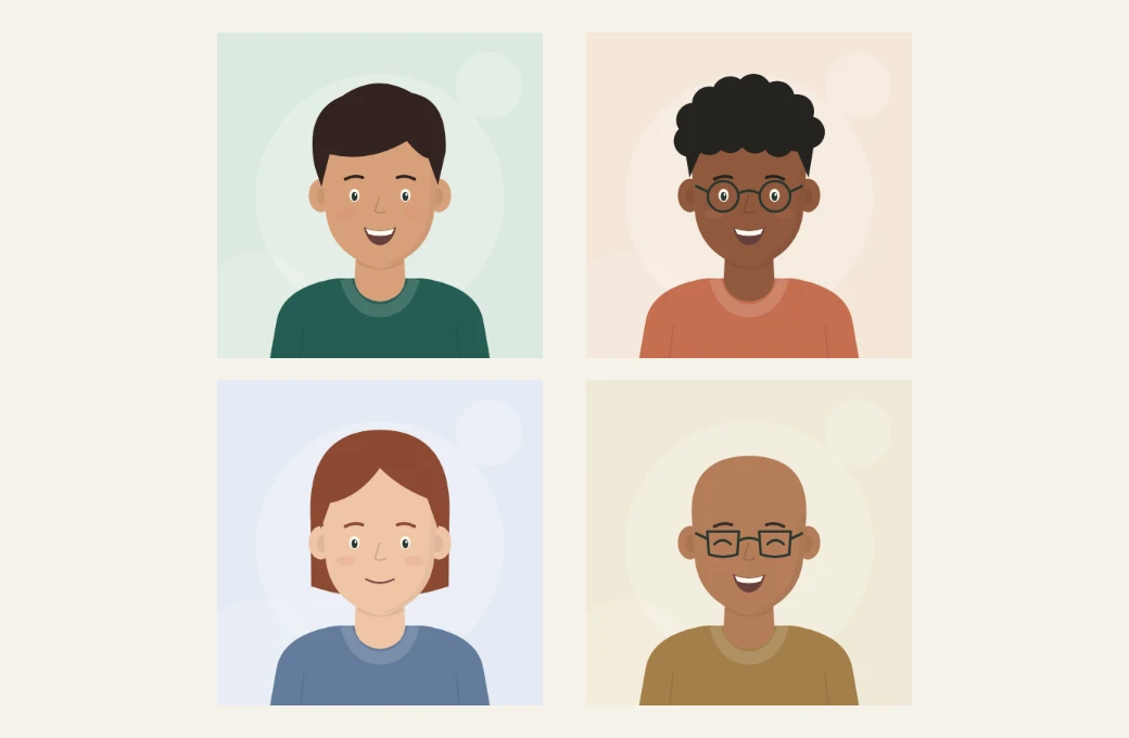 Four illustrated avatar examples with different hairstyles, glasses, skin tones and clothing colours