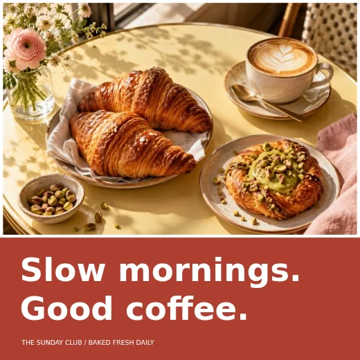 Slow mornings, good coffee: editable bakery social post with pastry photography